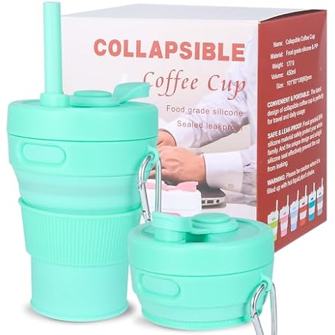 QJJIPP Collapsible Travel Cup - Green,16oz/450ml，Leak-Proof Reusable To-Go Pocket Size Silicone Bottle for Hot & Cold Drinks - Camping & Hiking - Dishwasher Safe- Straw included Cover