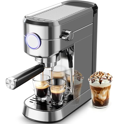 Kismile Espresso Machine, 20 Bar Espresso Maker with Milk Frother Steam Wand & 40oz Removable Water Tank, Compact Cappuccino & Latte Machine for Home, Stainless Steel
