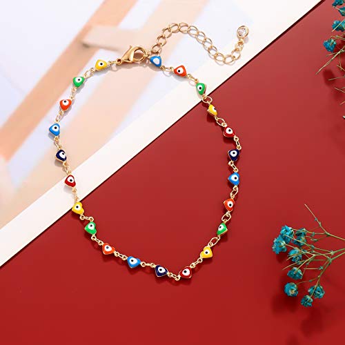 Image of Boho Beaded Ankle Bracelet Beach 18 K Gold Plated Anklet Bracelets Handmade Colorful Seed Beads Butterfly Evil Eye Heart Link Chain Anklet Pack Cute Summer Foot Jewelry for Women