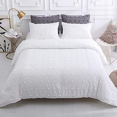 LUCKYBULL Tufted Comforter Set 3 Pieces Queen Size Bedding Set ( 1 Jacquard Lightweight Comforter with 2 Pillowcases), Chenille Dots Soft All Season Down Alternative Comforter Set for Bedding, White