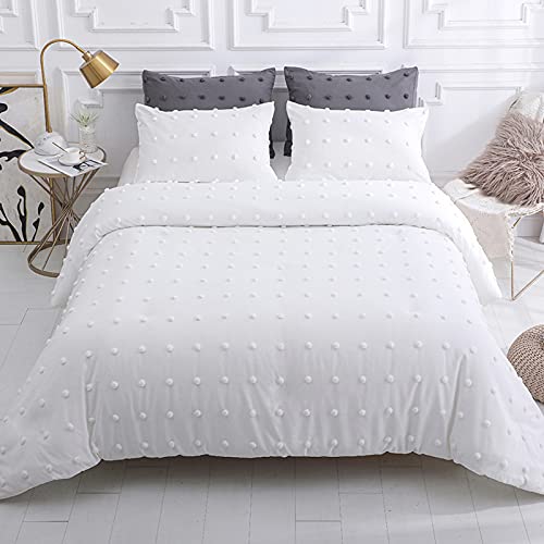 Luckybull Tufted Comforter Set 3 Pieces Queen Size Bedding Set ( 1 Jacquard Lightweight Comforter With 2 Pillowcases), Chenille Dots Soft All Season Down Alternative Comforter Set For Bedding, White #TOP3