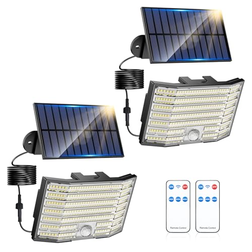 AGOTD - AGOTD Lot de 2 lampes solaires d'extérieur à 226 LED avec détecteur de mouvement, étanchéité IP65, angle d'éclairage 270°, applique murale solaire pour jardin avec câble de 5 m