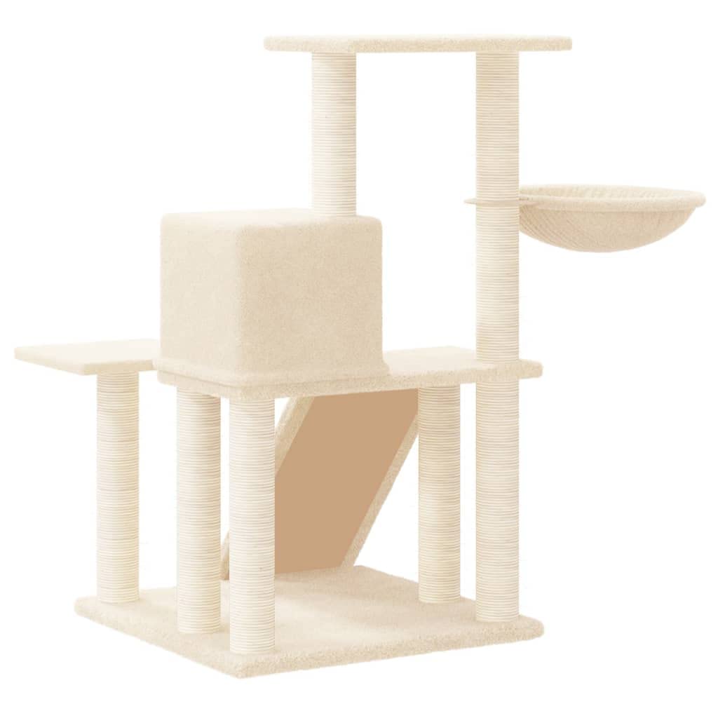 Kratzbaum mit Sisal-Kratzsäulen & Leiter, Katzenturm 82 cm hoch, Kleiner Katzenkletterbaum mit Katzenhaus, Hängematte & Plattformen, Katzenmöbel aus Plüsch in Creme