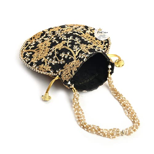 FeelOrna handicrafts and jewellery Potli | Wristlets Ethnic Potli For Women's | Designer Rajasthani Style Royal Clutch Silk Batwa Bag | Zari Work Potli | Bridal Potli | Potli Bags (Black) - Image 3