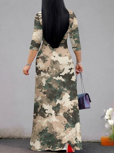 Image of Plus Size Dresses for Women Print Maxi Dresses 3 /4 Sleeve with Belt