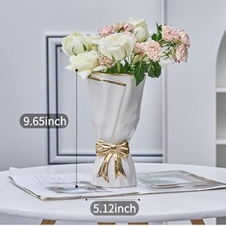 White and Gold Vase, Bow Vase for Home Decor, White Flower Vases for Boho Style, 9.65 Inch Large Vases for Ideal Table Decor, Ceramic Bouquet. （Glazed Exterior and Interior） (White, Large)