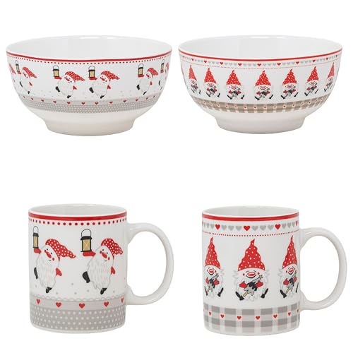 NAMAI - Set di 2 Tazze Natalizie e 2 Ciotole Natalizie, 310 ML, Porcellana Resistente, Adatte In Lavastoviglie e Microonde, Tazze Colazione, Idea Regalo (Gnomi)