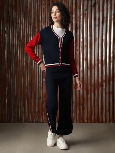 Image of High Star Women Knitted Acrylic Relaxed Fit High- Rise V Neck Long Sleeve Co-Ord