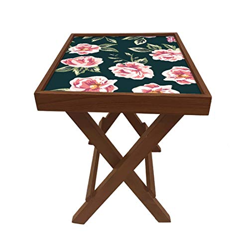 Image of Nutcase Designer Teak Wood Side Table Folding Wooden Bedside Coffee Outdoor Picnic Table - Pink and Black Floral