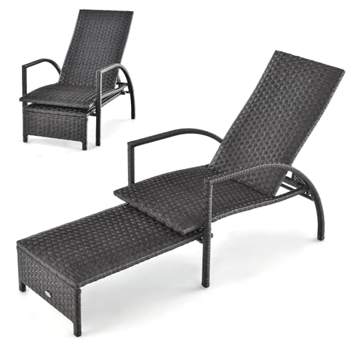 Image of Multigot Rattan Sun Lounger, 5-Position Adjustable Outdoor Deck Chair Chaise Lounge Chair with Retractable Ottoman, All-Weather Wicker Garden Sun Bed for Poolside Backyard