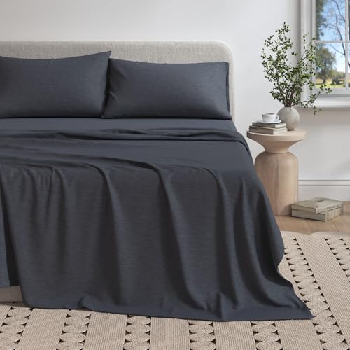 Image of Great Bay Home Cotton Jersey Knit Queen Sheet Set - Ultra-Soft, Stretchy, Heathered Melange Bed Sheets - Cozy, Soft T-Shirt Sheet & Pillowcase Set (Navy)