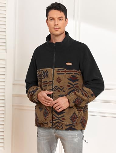 Image of ZAFUL Aztec Print Fleece Jacket - Unisex Full Zip Hoodie with Stand Collar, Pockets & Fluffy Texture