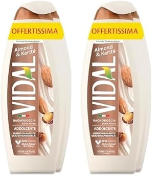 Vidal - Bagnoschiuma Almond & Karité, Formula Addolcente, con Olio di Mandorle e Burro di Karité, Dermatologicamente Testato, 2 Flaconi da 600ml (Confezione da 2)