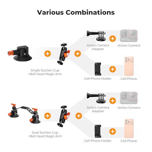 Image of K&F CONCEPT 3 inch Dual Suction Cup Mount Sets for Camera with 360 Ball Head Heavy Duty Camera Mount for Car Windshield, Hood, Side Panel Compatible with GoPro, DJI, Insta360, DSLRs, Phone