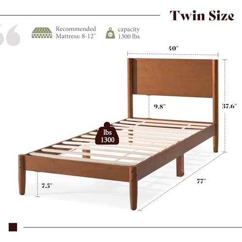 Image of AMERLIFE Solid Wood Twin Bed Frame, Mid Century Bed with Headboard, Brown