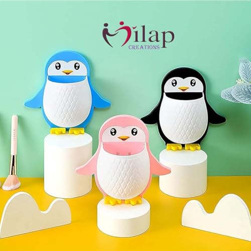 Image of Plastic Penguin Shape Wall-Mounted Toothbrush Holder, Self-Adhesive Plastic Bathroom Organizer, Multipurpose Storage Shelf for Kids & Adults (Multicolor Pack 1)