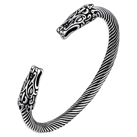 FaithHeart Nordic Viking Cuff Bangles, Punk Fenrir Wolf Head Bracelets Wristband Stainless Steel Norse Amulet Arm Rings, Open Bangle for Man Woman Cover
