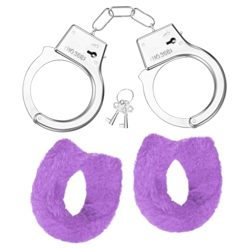 Manette in Metallo con 2 Chiavi Giocattolo di Manette con Peluche e Chiavi Morbide Manette per Cosplay di Polizia per Feste in Costume Accessori per Bambini Props Foto (Viola, Stile Peluche)