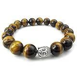 KONOV Tiger Eye Gemstone Mens Bracelet, 12mm Energy Bead, Buddha Mala, Brown Silver