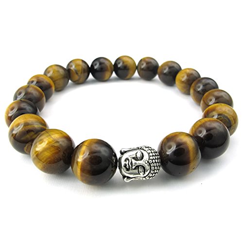 KONOV Tiger Eye Gemstone Mens Bracelet, 12mm Energy Bead, Buddha Mala, Brown Silver