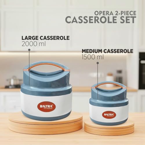 Image of BALTRA Inner Stainless Steel Thermoware Casserole Set with Lid for Roti /Chapati (1500ml, 2000ML) | Insulated Hot Pot for Hot Meal /Chapati /Curry Set /Biryani | Serving Bowl with Lid (OPERA SET OF 2)
