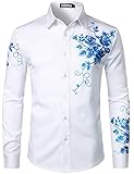 ZEROYAA Men's Hipster Rose Floral Printed Slim Fit Long Sleeve Button Up Party Dress Shirts ZZCL63 White Royal X Large