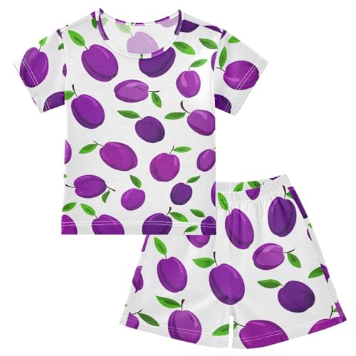 Purple Plums Leaves Pajama Set Short Sleeve PJS 2 Piece Summer Pajamas Shorts Sets Cotton 5Y