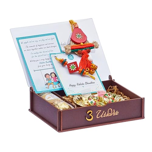 UtsaWe Rakhi Gift Box | Gift Box With Stylish Traditional Couple Rakhi Inside + Roli, Chawal, Greeting Card, Thali Set, and Chocolates | Rakhi Gift Hamper (Stylish Couple Rakhi)