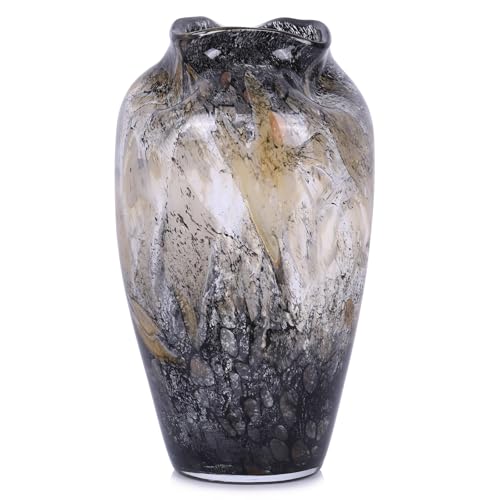 Murano Style Glass Vase, Hand Blown Decorative Art Vase with Ruffled Opening for Flowers, Shelf Tabletop Mantel Display, Abstract Home Decor for Living Room Bedroom