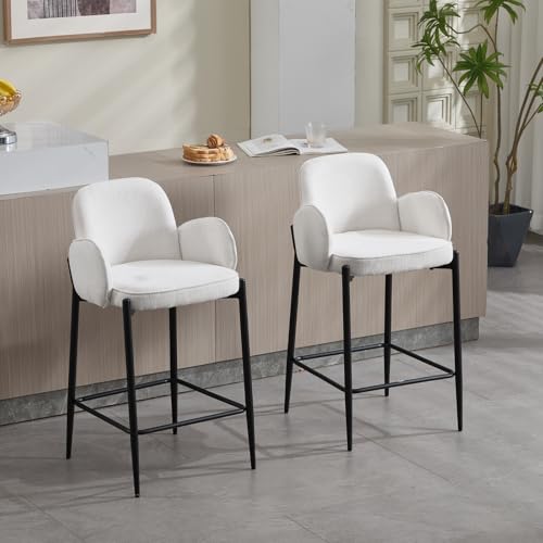 DAYALANE Lot de 2 Tabourets de Bar en Chenille Moderne Chaise de Bar avec Accoudoir Tabourets Comptoir avec Repose-Pieds pour Cuisine, Îlot Central, Blanc