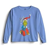 Dr. Seuss The Grinch Boy's Christmas T-Shirt - Crewneck Pullover Long Sleeve Holiday Tee for Kids (Light Blue, Size 6/8)