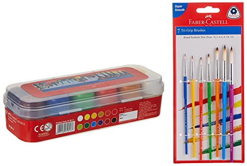 Image of Faber-Castell Poster Color Tin Box - Pack of 12 (Assorted) Tri-Grip Brush - Round, Pack of 7 (Assorted)