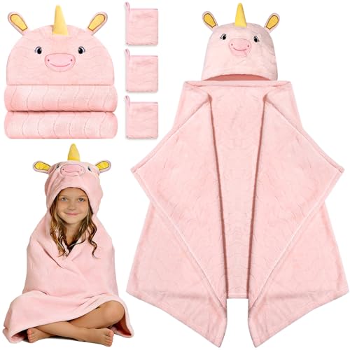 Flasoo Toddler Bath Towel Set Large 27.5X55 Hooded Towels (Pink Unicorn-4pcs)