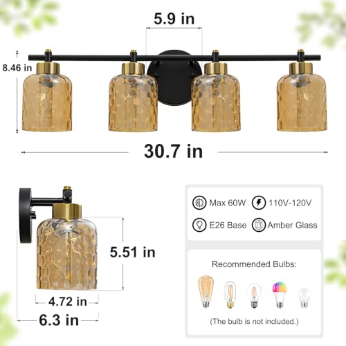 30" Black and Gold Vanity Lights 4-Light with Warm Amber Glass Lampshade by JIMKIGTO - Used condition - Image 8