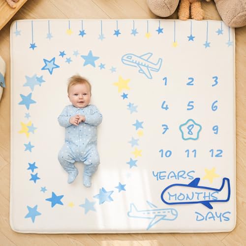 1.3" Thick Playmat for Floor, 50 x50 Monthly Milestone Mat, Padded Support Soft Plush Nursery Mat for Crawling Kick Activity, Flannel Photography Background Prop for Boys Grils
