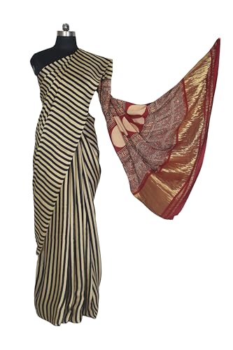 Image of Ethnics of Kutch Womens Ajrakh Modal Silk Natural Dye Golden Border Hand Block Print Saree with Blouse Piece - 5.5 Mtr Length (Black 03501A)