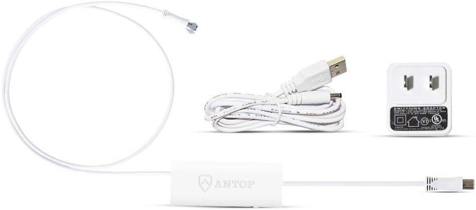 Antop HDTV Antenna Amplifier Signal Booster with High Gain and Ultra Low Noise, Amplified FM UHF VHF Signal for Any Non-Amplified Antenna-USB Power Supply, White