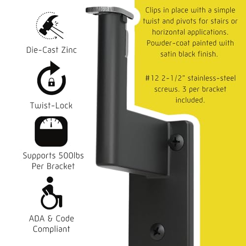 Promenaid 5ft ADA Handrail Kit - Satin Black - Complete Indoor/Outdoor Handrail for Stairs - 1.6\" Round Anodized Aluminum Railing with 3 Satin Black Painted Pivoting Brackets & ADA Wall Returns