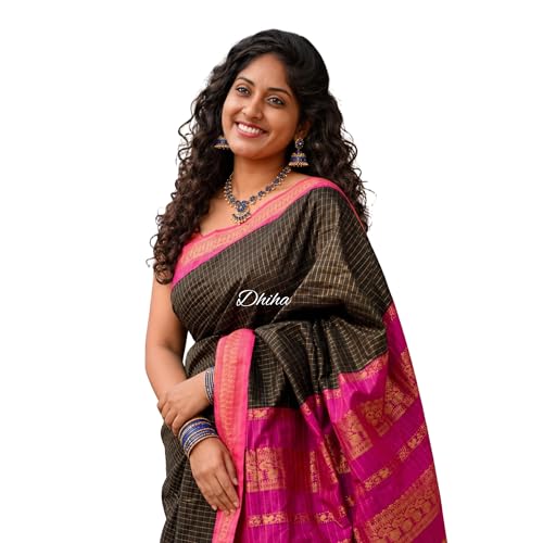 Image of Gadwal Cotton Silk Checked Saree for Women | Pure Kalyani Cotton Checked Saree with Zari Border Tassels & Blouse | Kanjivaram Linen Silk | Handloom Weave