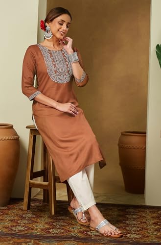 Image of Janasya Women's Rayon Embroidered Straight Kurta