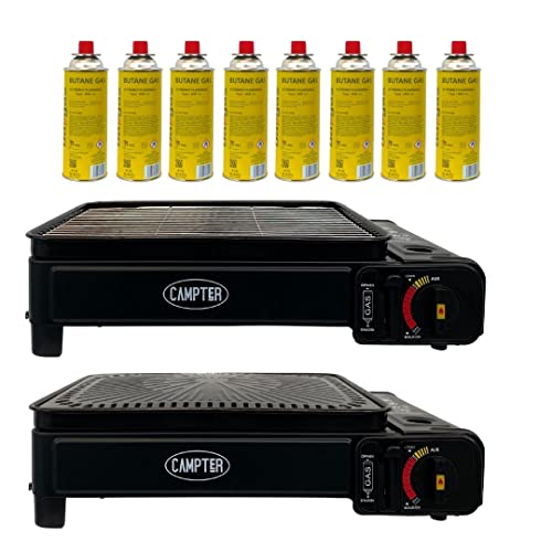 Campata tragbarer Gasgrill Set | Campinggrill | Balkon-Grill | Tischgrill | Gas Grill BBQ | inkl. Zubehör und Gaskartuschen | Schwarz (+8 Gaskartuschen) Cover