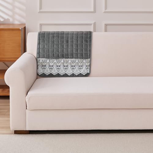 Image of HOKIPO 'BelleLace Series' Imperial Milk Velvet Sofa Backrest Mat Cover with Lace | Anti-Slip | 1 Pc - Porpoise Grey (AR-6311-DGRY)