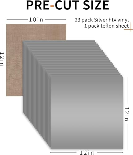 Image of HTVRONT Silver HTV Heat Transfer Vinyl Bundle: 24 Pack 12 inchx12 inch Iron on Vinyl Sheets for T-Shirt (1 PTFE Sheet Included), PU HTV Easy to Cut & Weed for Heat Design