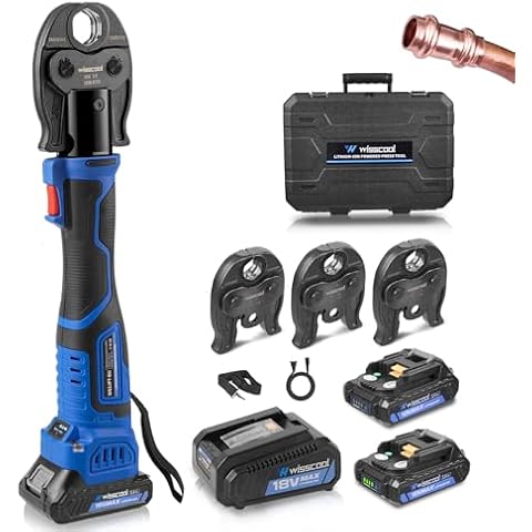 WISSCOOL Pro Press Tool Copper Crimper, Powered Propress Tool For Copper Pipe 1/2", 3/4", 1", 18v Brushless Electric Crimping Tool Kit With 3 Press Jaws 2Pcs 2AH Battery Cover