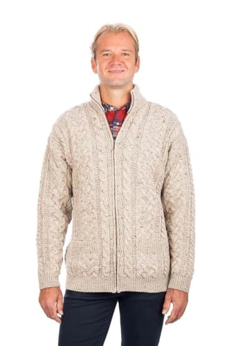 SAOL Irish Cardigan for Men's 100% Worsted Wool Zipper Aran Cable Knit Coat with Pockets2