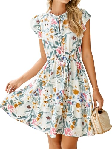 Simplee Womens Summer Dress 2025 Ruffle Short Sleeve Floral Boho Dress V Neck A-line Drawstring Mini Dress with Pockets