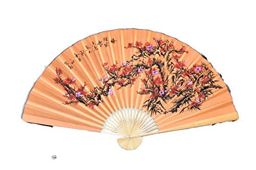 Large 60 X 35 Light Pumpkin Color Fan with White & Fuchsia Cherry Blossom Flowers on a Branch Hand Painted Oriental Hanging Wall Fan