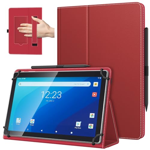 TiMOVO Universal Hülle für 10,1 Zoll Android Tablet mit Stiftschlaufe, Leichtes und Faltbares Standhülle mit Handschlaufe für Alle 9,6-11 Zoll Touchscreen-Tabletten, Dunkel Rot