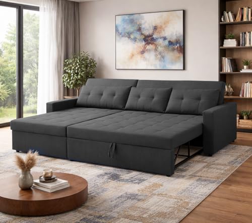 Image of Emilio 4 Seater LHS L - Shape Pull-Out Sofa Cum Bed Sofa for Living Room (Black Fabric Color) Premium Fabric Sofa Set for Living Room Sofa Cum Bed