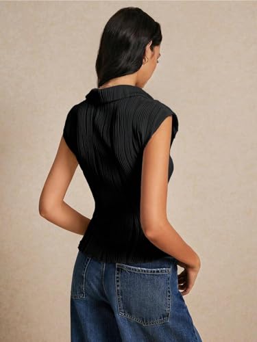 Image of GRECIILOOKS Korean Tees for Women | Tops for Woman | Collared Casual Summer Tops for Women Western | Knitted Top Button-Up Short Sleeve Crop Top |Summer Stylish Texture Korean Knit Tee